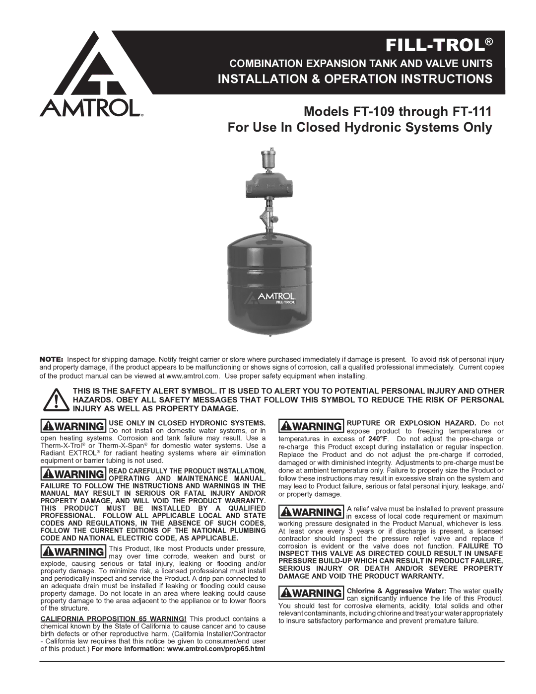 Amtrol FT-109 THROUGH FT-111 warranty Fill-Trol 