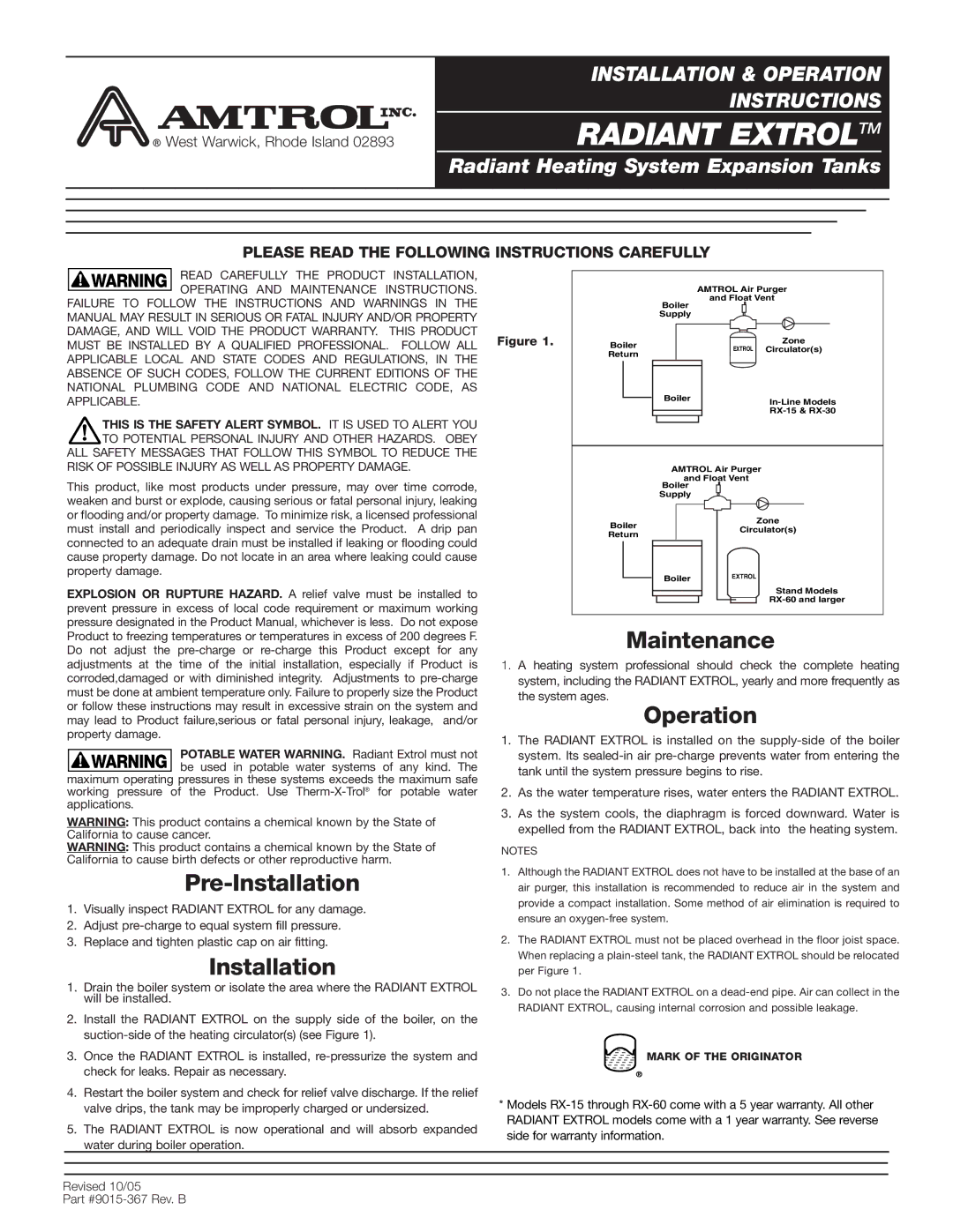 Amtrol Heating System warranty Pre-Installation, Maintenance, Operation 