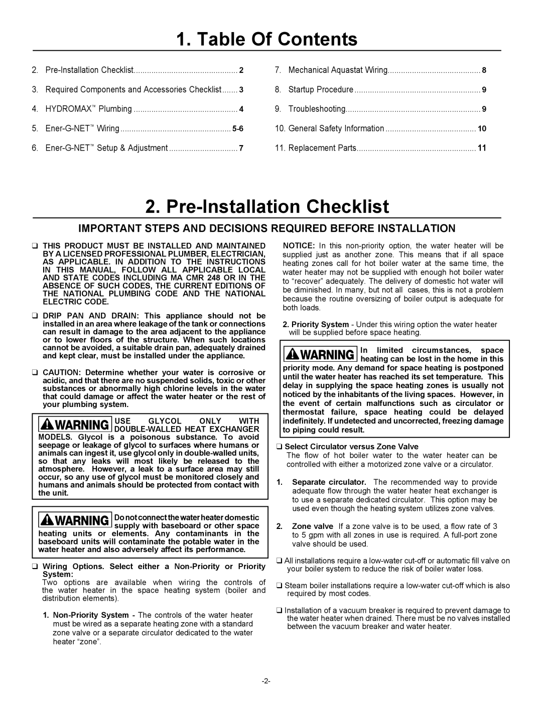 Amtrol HM-80L, HM-41Z, HM-80Z, HM-41L warranty Table Of Contents, Pre-Installation Checklist 