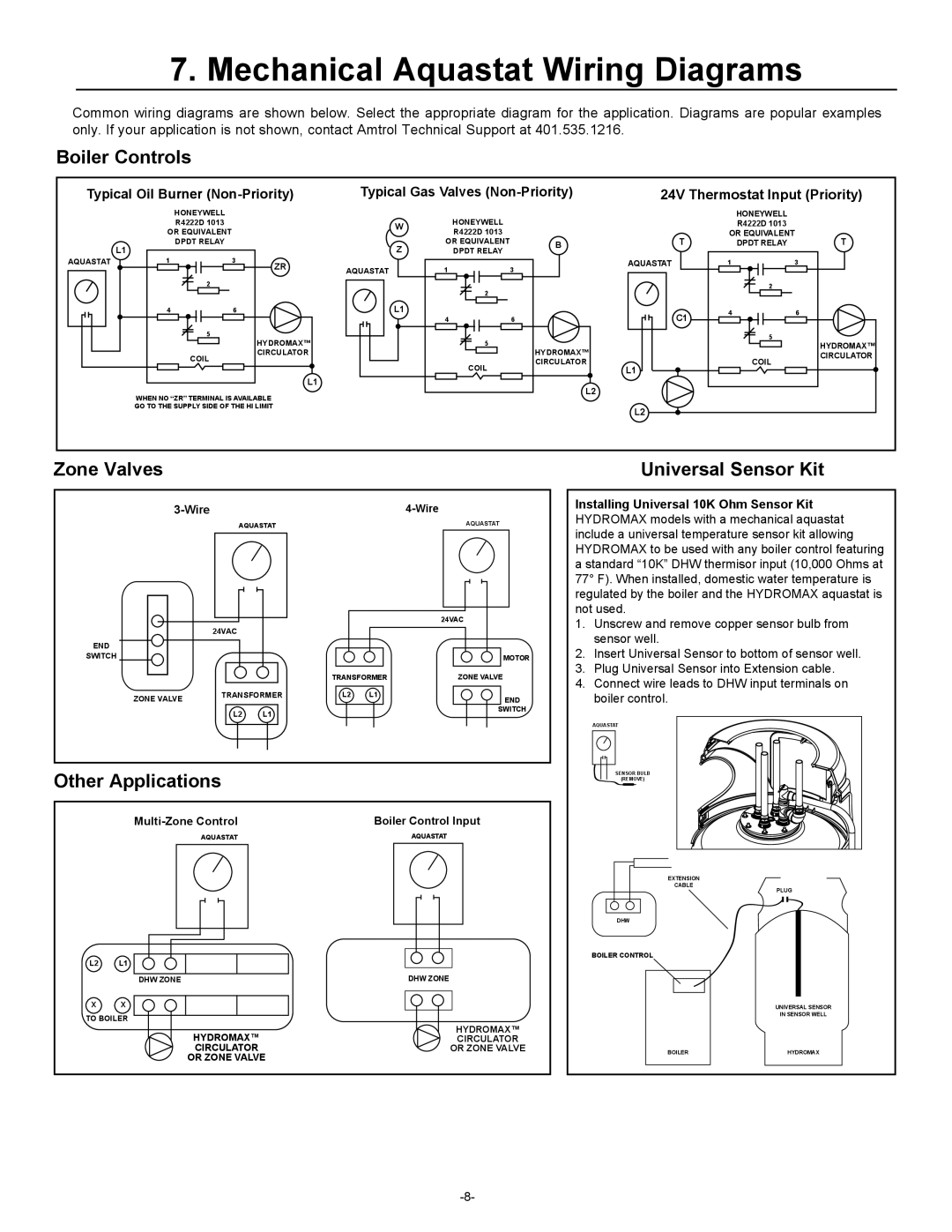 Amtrol HM-41Z, HM-80Z, HM-80L, HM-41L warranty Mechanical Aquastat Wiring Diagrams, Boiler Controls 