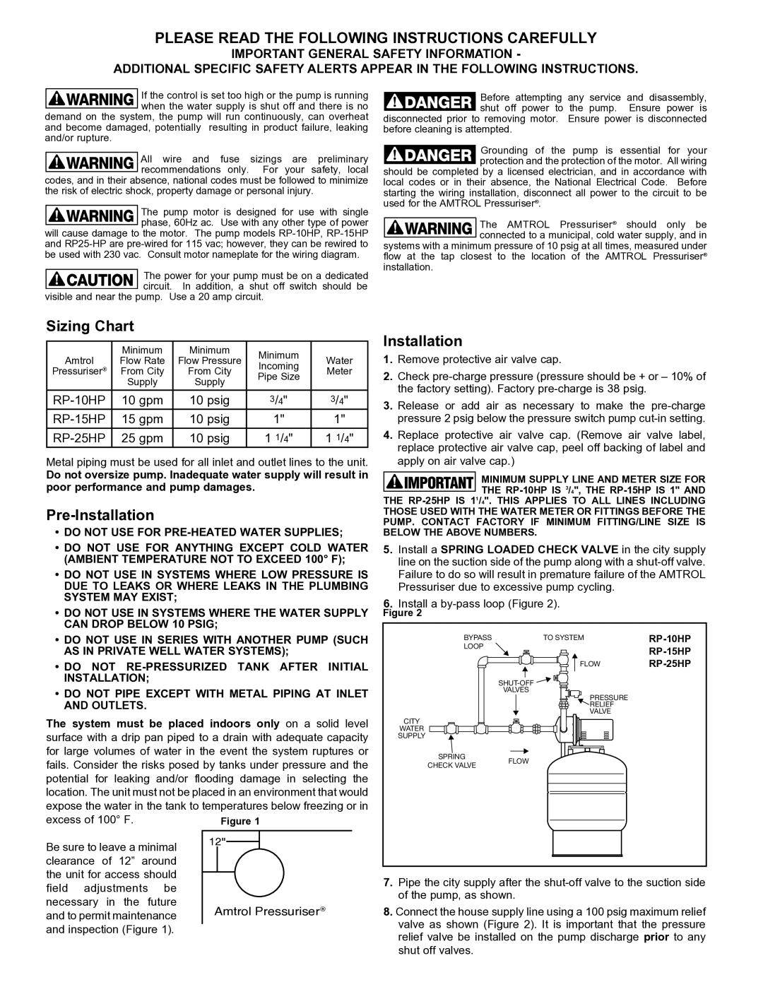 Amtrol RP-25HP, RP-15HP, RP-10HP warranty Sizing Chart, Pre-Installation 