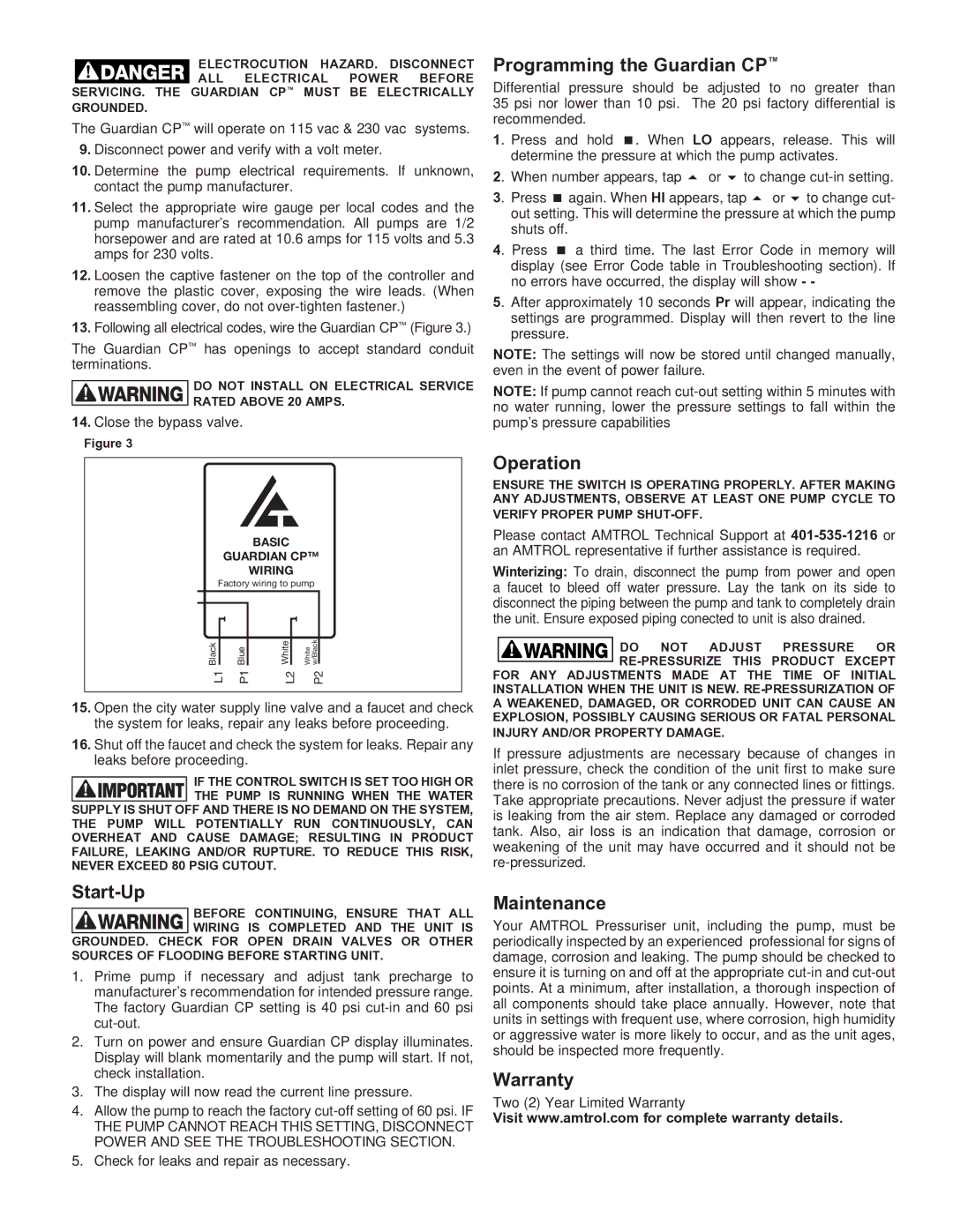 Amtrol RP-15HP, RP-10HP, RP-25HP warranty Start-Up, Programming the Guardian CP, Operation, Maintenance, Warranty 