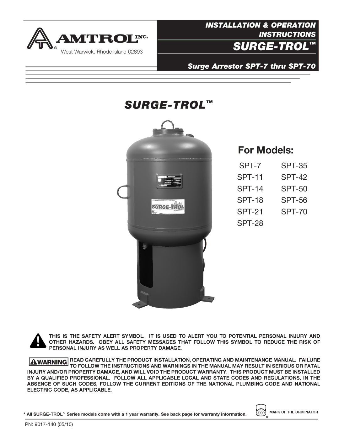 Amtrol SPT-35, SPT-56, SPT-18, SPT-21, SPT-70, SPT-42, SPT-50, SPT-11, SPT-28, SPT-14 warranty Surge-Trol 