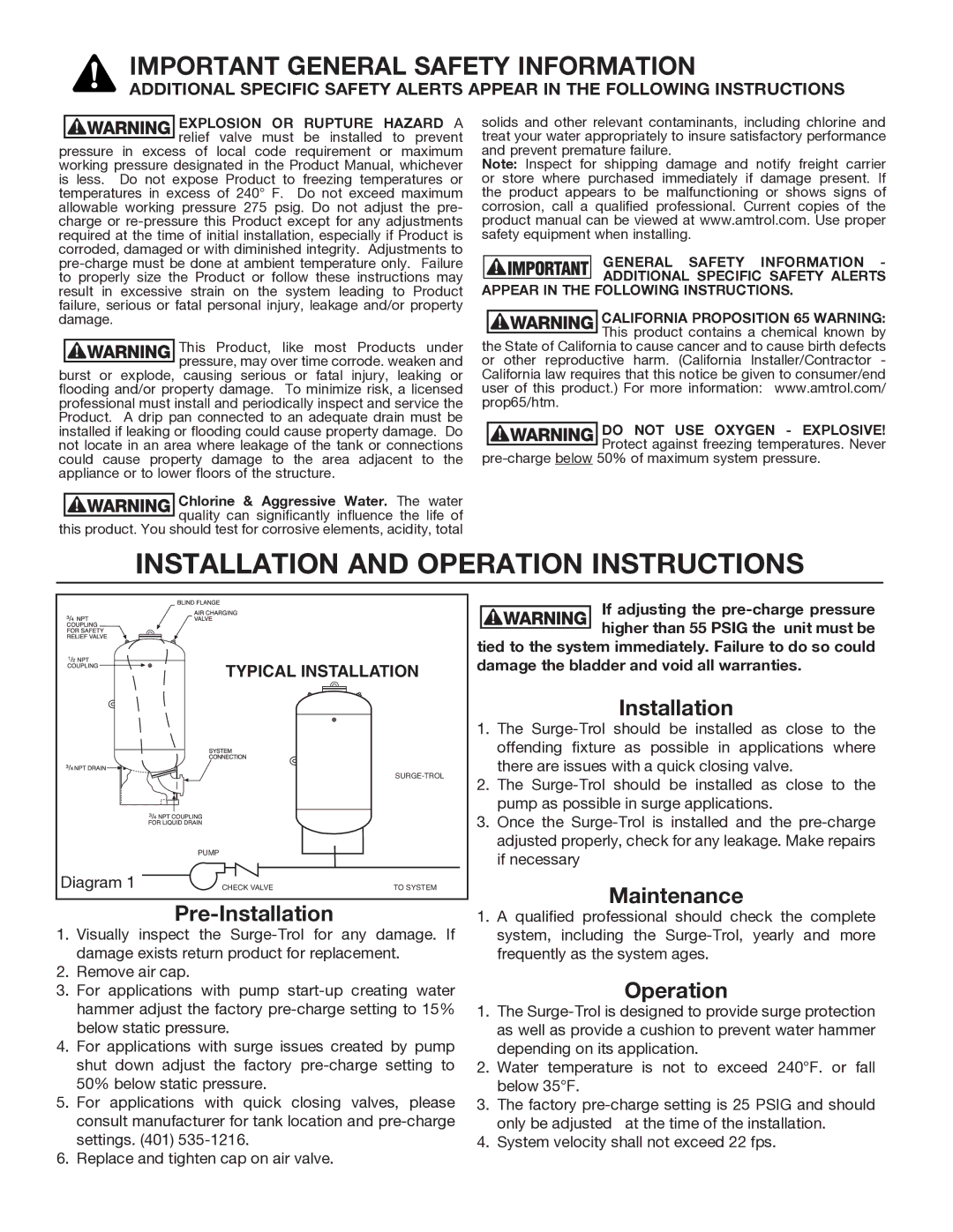 Amtrol SPT-18, SPT-56, SPT-35, SPT-21, SPT-70, SPT-42, SPT-50, SPT-11, SPT-28, SPT-14 Installation and Operation Instructions 