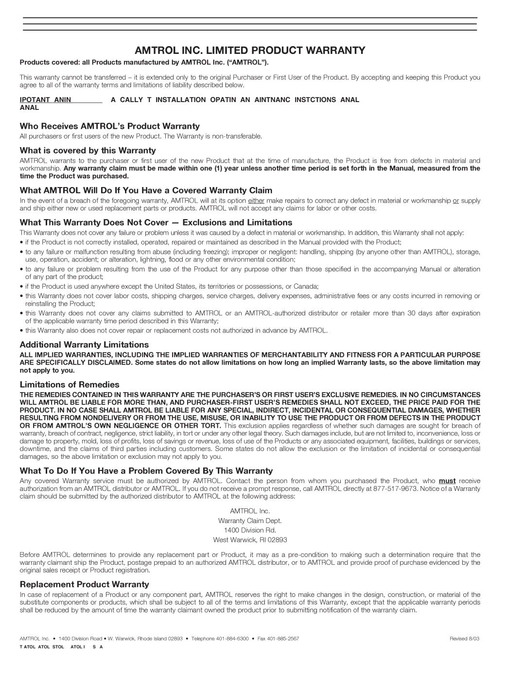 Amtrol SPT-70, SPT-56, SPT-35, SPT-18, SPT-21, SPT-42, SPT-50, SPT-11, SPT-28, SPT-14 warranty Amtrol INC. Limited Product Warranty 