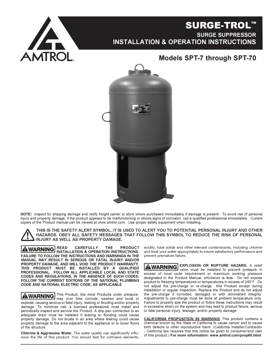 Amtrol warranty Surge-Trol, Models SPT-7 through SPT-70 