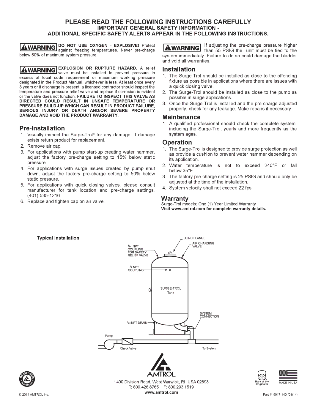 Amtrol SPT-70 warranty Please Read the Following Instructions Carefully 