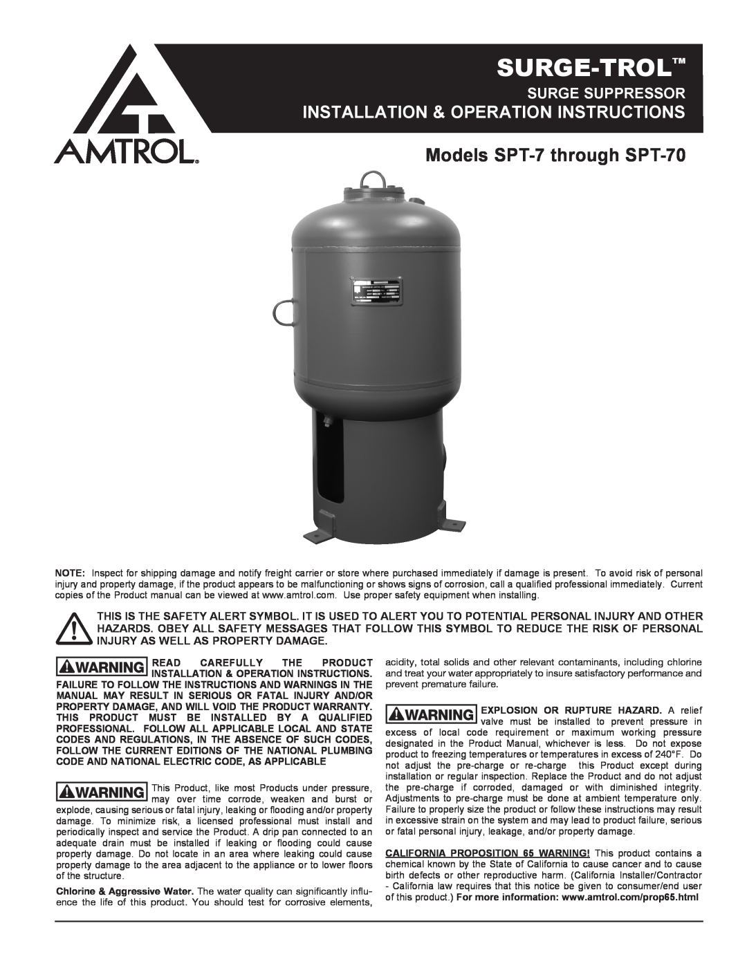 Amtrol warranty Surge-Trol, Models SPT-7 through SPT-70, Installation & Operation Instructions, Surge Suppressor 