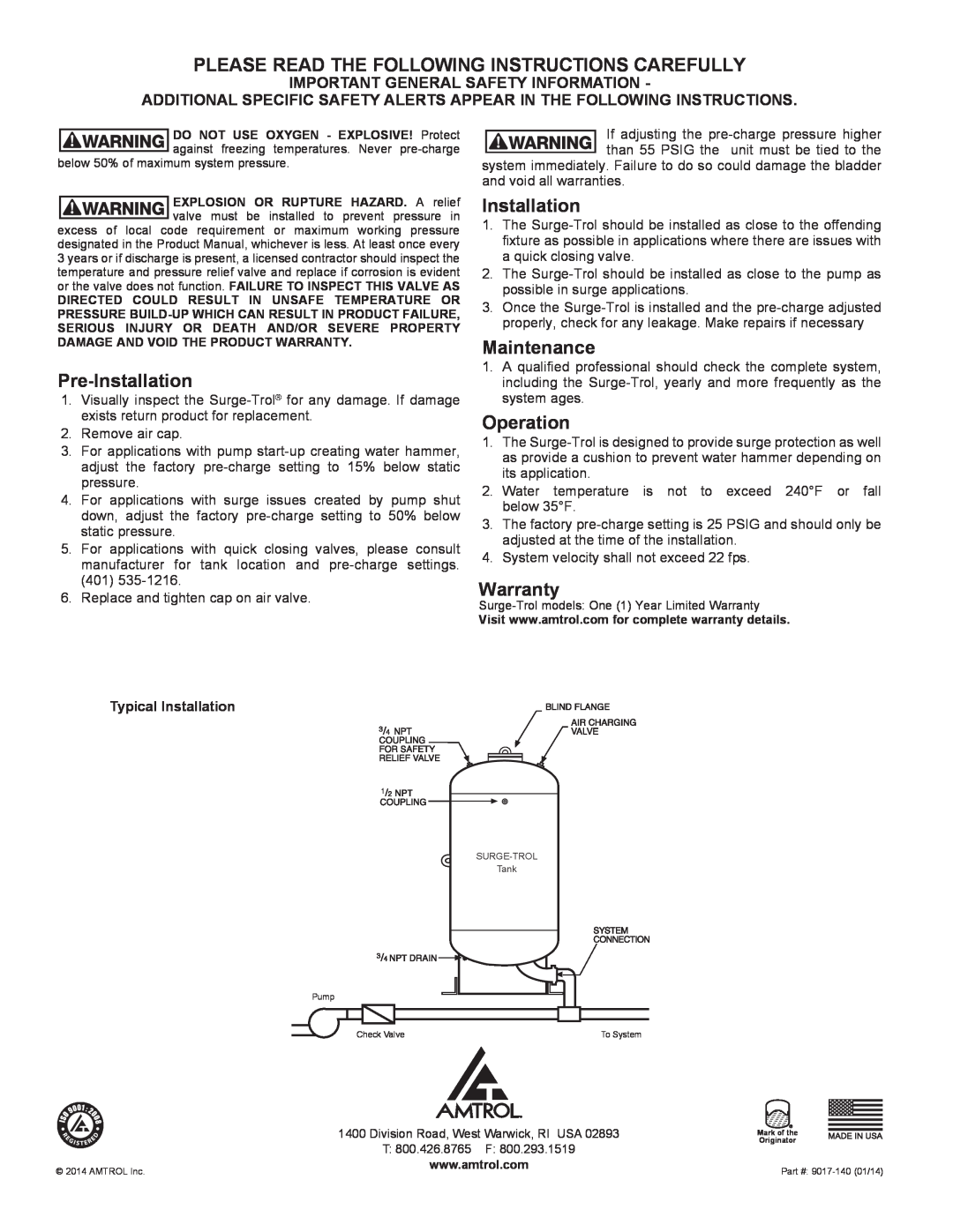 Amtrol SPT-70 Typical Installation, Please Read The Following Instructions Carefully, Pre-Installation, Maintenance 