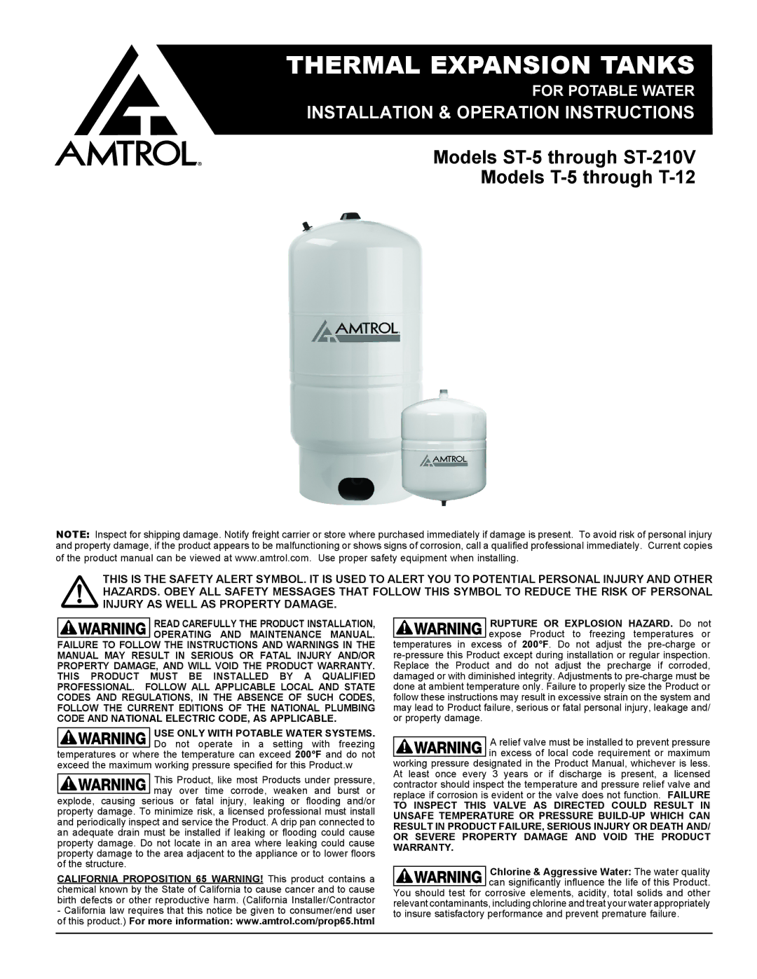 Amtrol ST-12, ST-25V, ST-8 warranty Thermal Expansion Tanks, Models ST-5 through ST-210V Models T-5 through T-12 