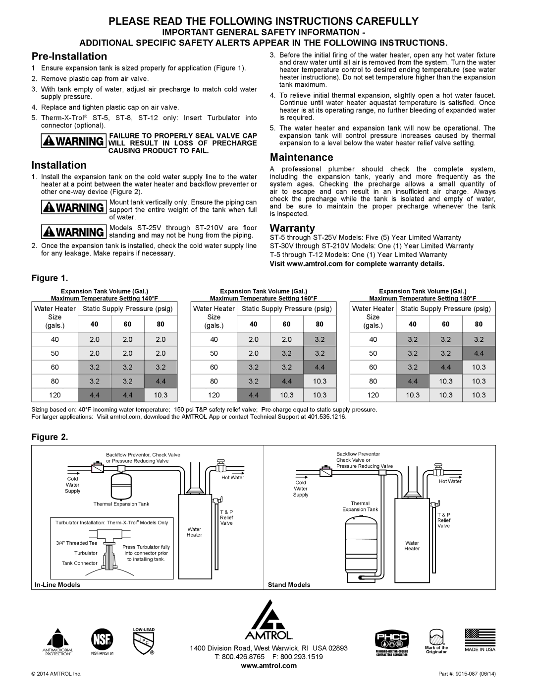 Amtrol ST-210V, ST-12, ST-5, ST-8 Please Read the Following Instructions Carefully, Pre-Installation, Maintenance, Warranty 