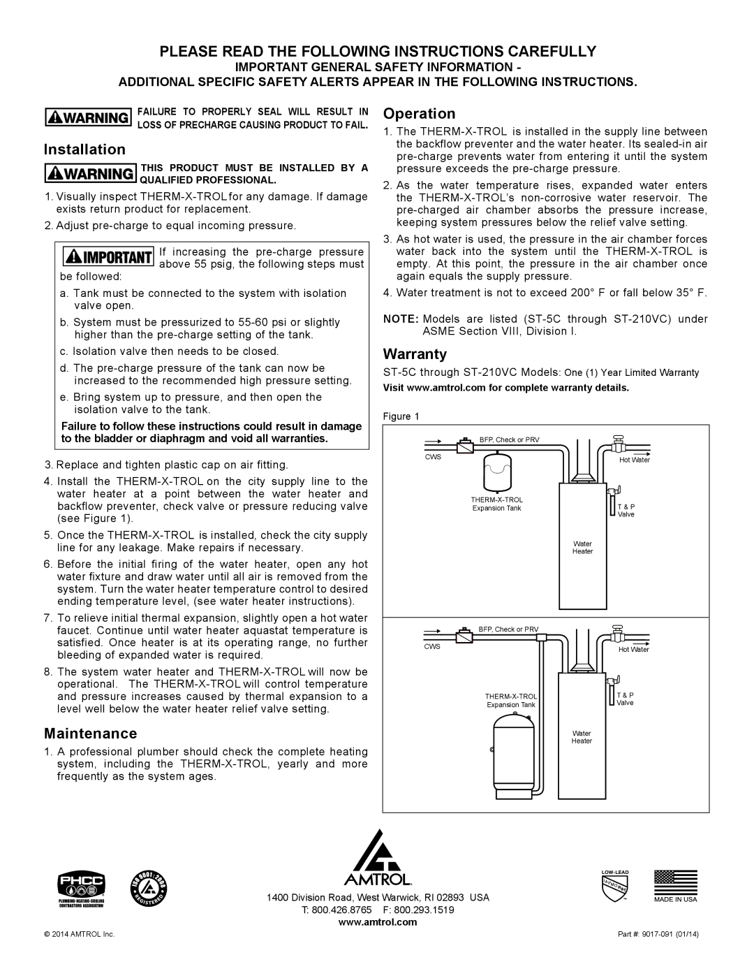 Amtrol ST-5C THROUGH ST-201VC warranty Please Read the Following Instructions Carefully, Installation, Operation, Warranty 