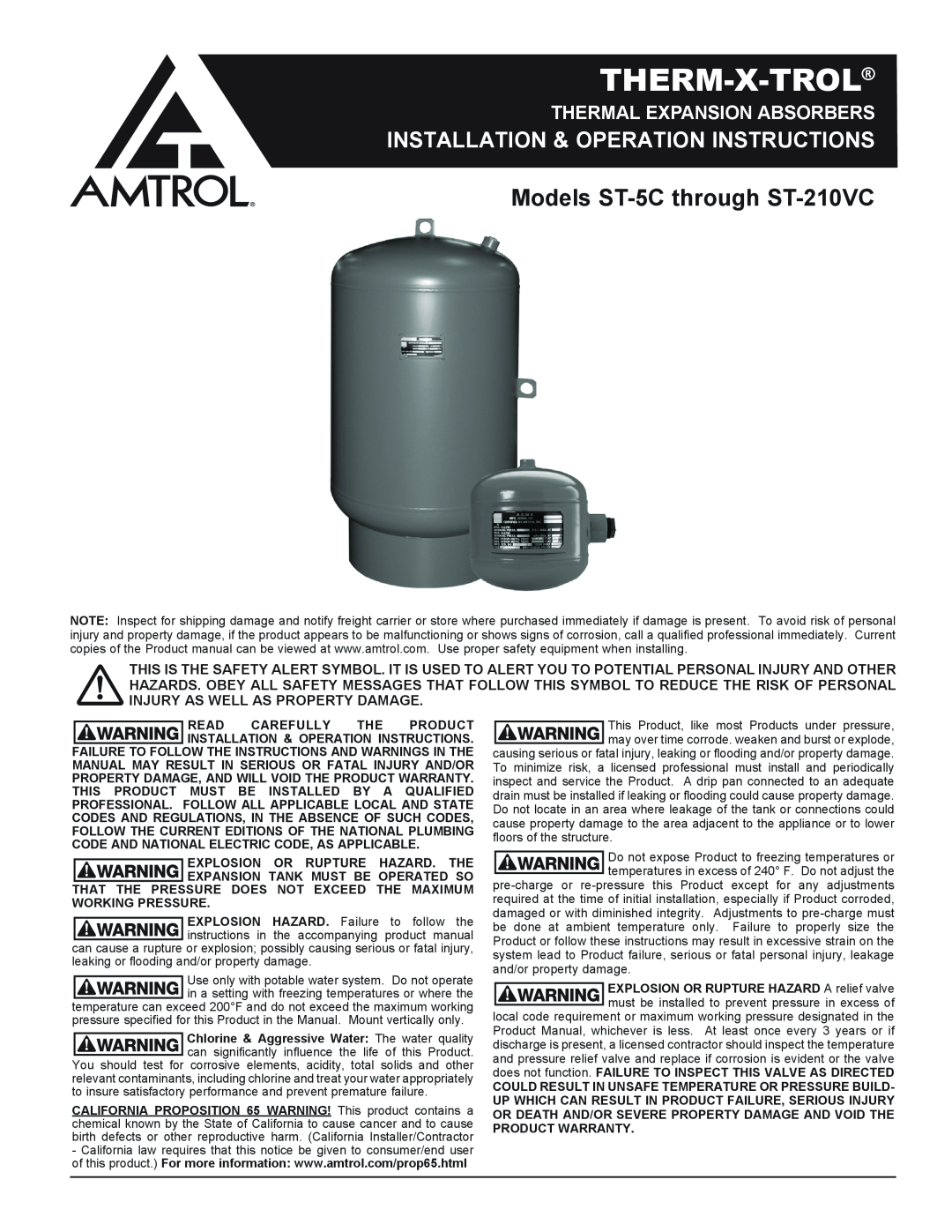 Amtrol ST-5C THROUGH ST-201VC warranty Therm-X-Trol, Models ST-5Cthrough ST-210VC, Installation & Operation Instructions 