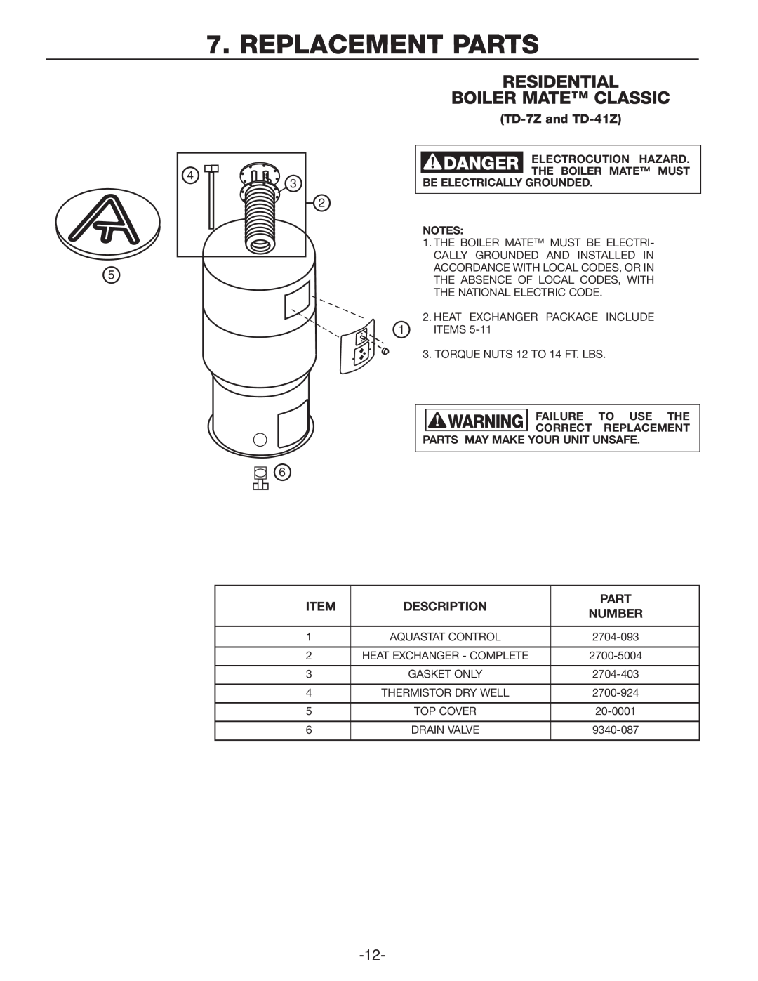 Amtrol TD-41ZDW, TD-7ZDW manual Replacement Parts, Residential Boiler Mate Classic, TD-7Zand TD-41Z, Description, Number 