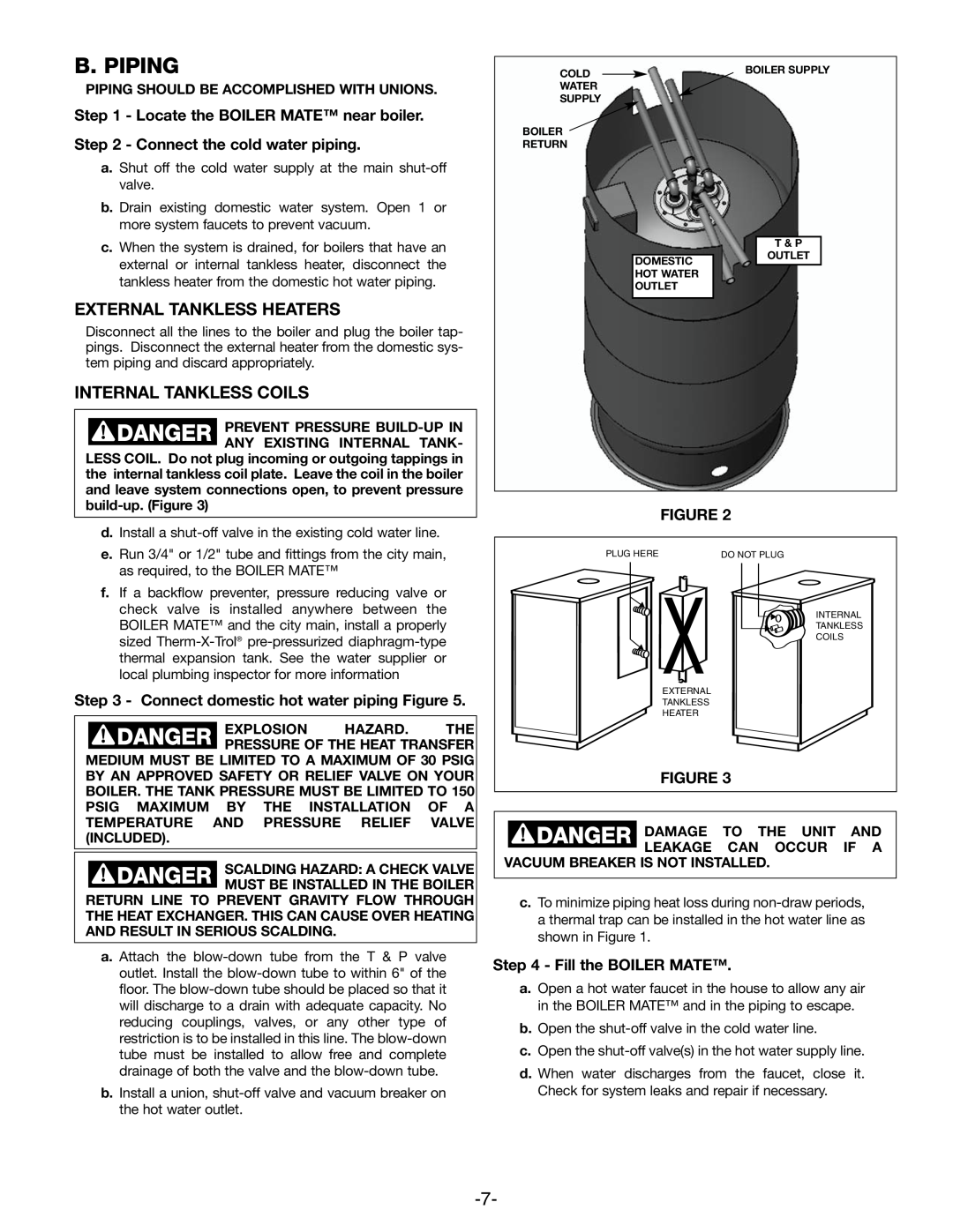 Amtrol TD-41ZDW manual B. Piping, External Tankless Heaters, Internal Tankless Coils, Locate the BOILER MATE near boiler 