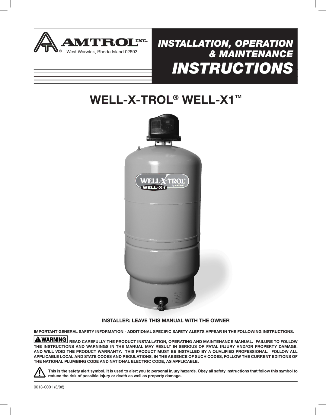 Amtrol WELL-X1, WELL-X-TROL warranty Instructions 