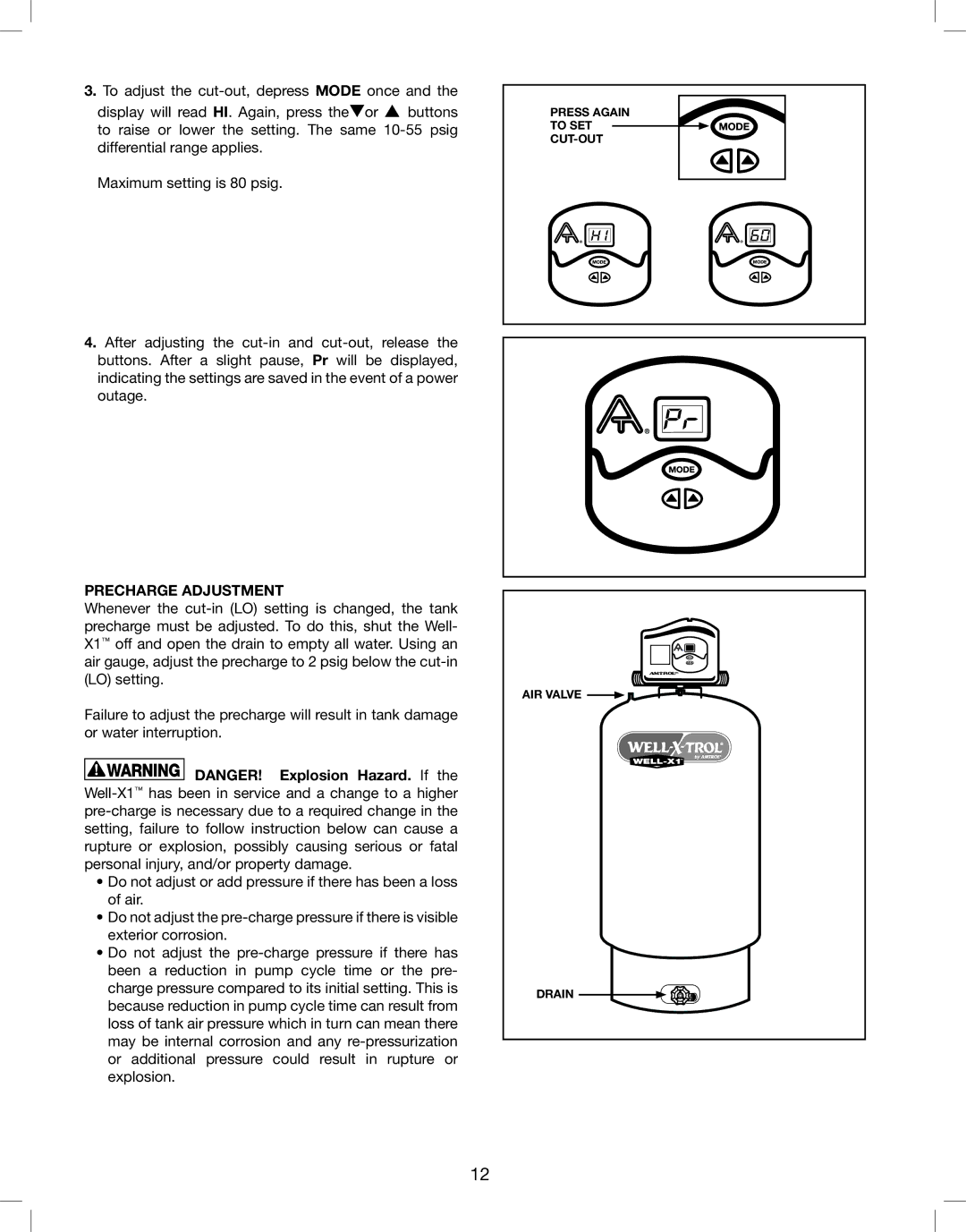 Amtrol WELL-X-TROL, WELL-X1 warranty Precharge Adjustment 