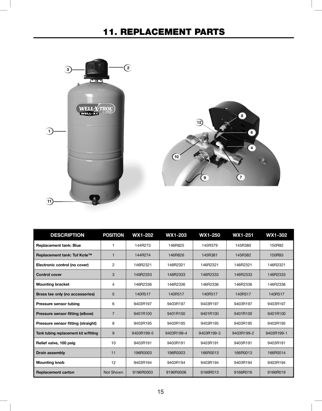 Amtrol WELL-X1, WELL-X-TROL warranty Replacement Parts, Description 