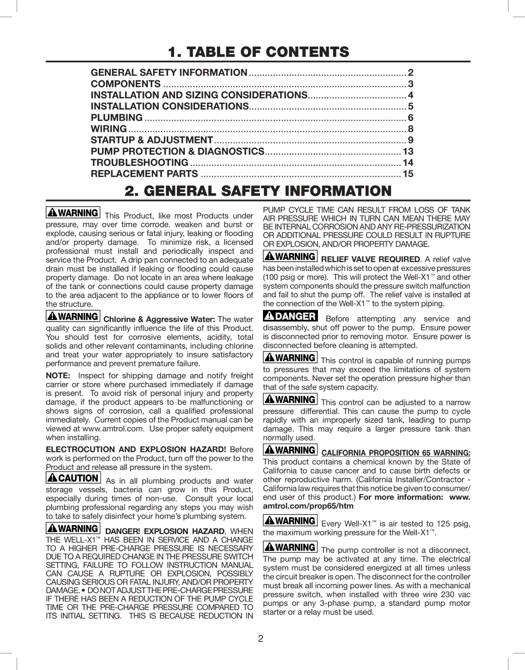 Amtrol WELL-X-TROL, WELL-X1 warranty Table of Contents, General Safety Information 