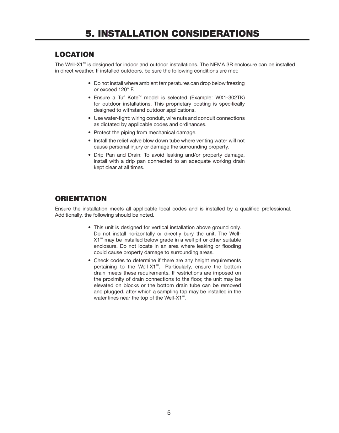 Amtrol WELL-X1, WELL-X-TROL warranty Installation Considerations, Location 