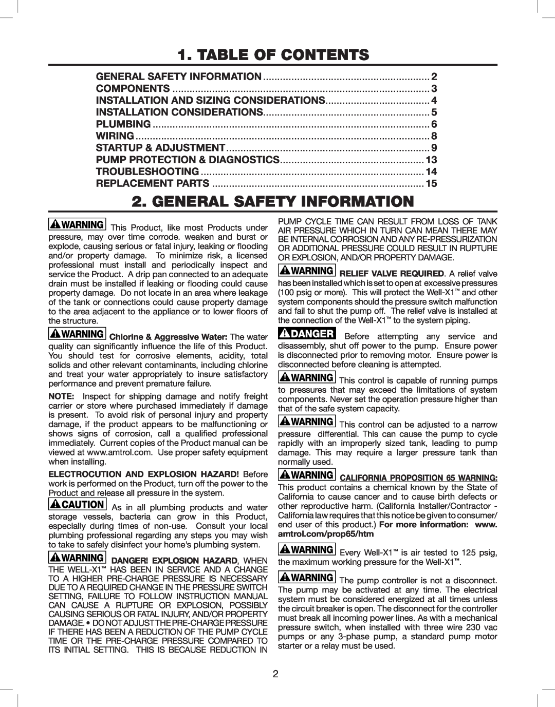 Amtrol WELL-X-TROL, WELL-X1 warranty Table Of Contents, General Safety Information 