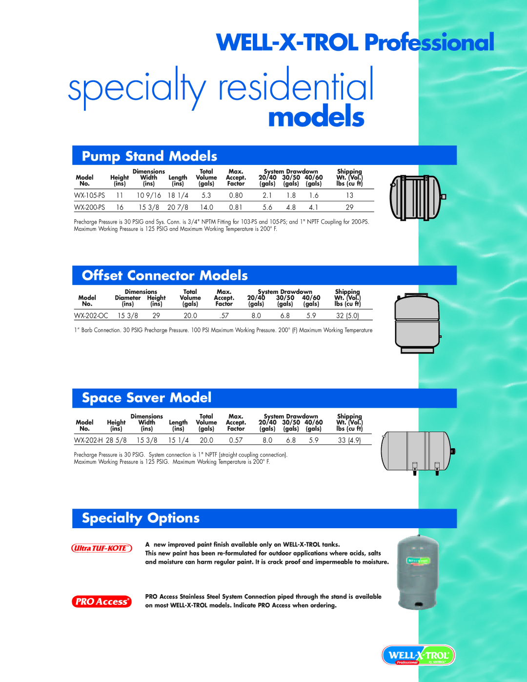 Amtrol WELL-X-TROL manual Pump Stand Models, Offset Connector Models, Space Saver Model, Specialty Options 