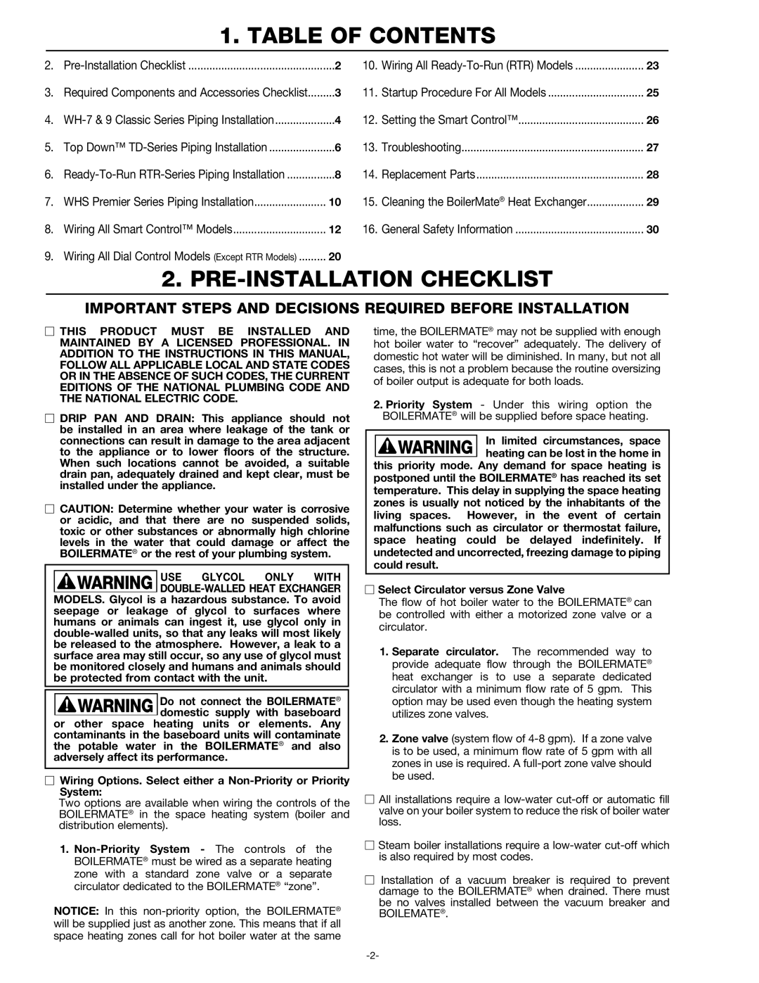 Amtrol WH-9 Classic Series, WH-7 Classic Series, Top Down, RTR warranty Table of Contents, PRE-INSTALLATION Checklist 