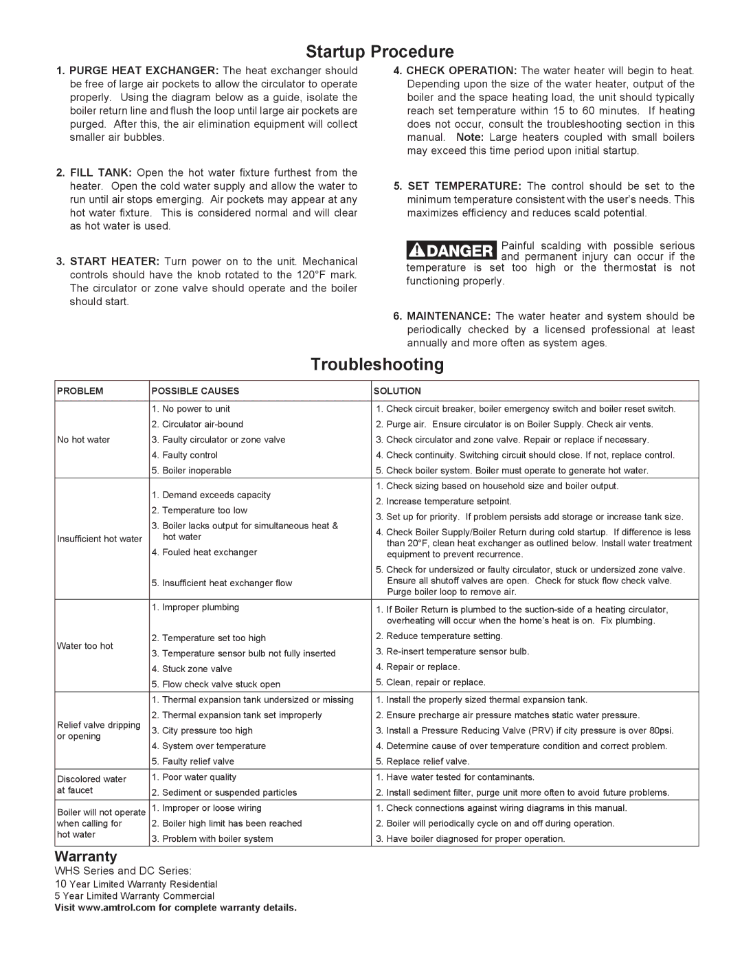 Amtrol whs-series warranty Startup Procedure, Troubleshooting, Warranty 