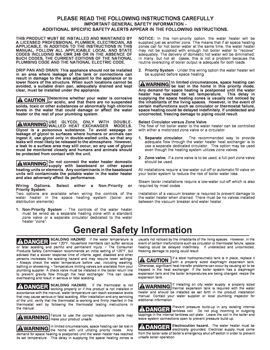 Amtrol whs-series warranty Important General Safety Information, Please Read The Following Instructions Carefully 