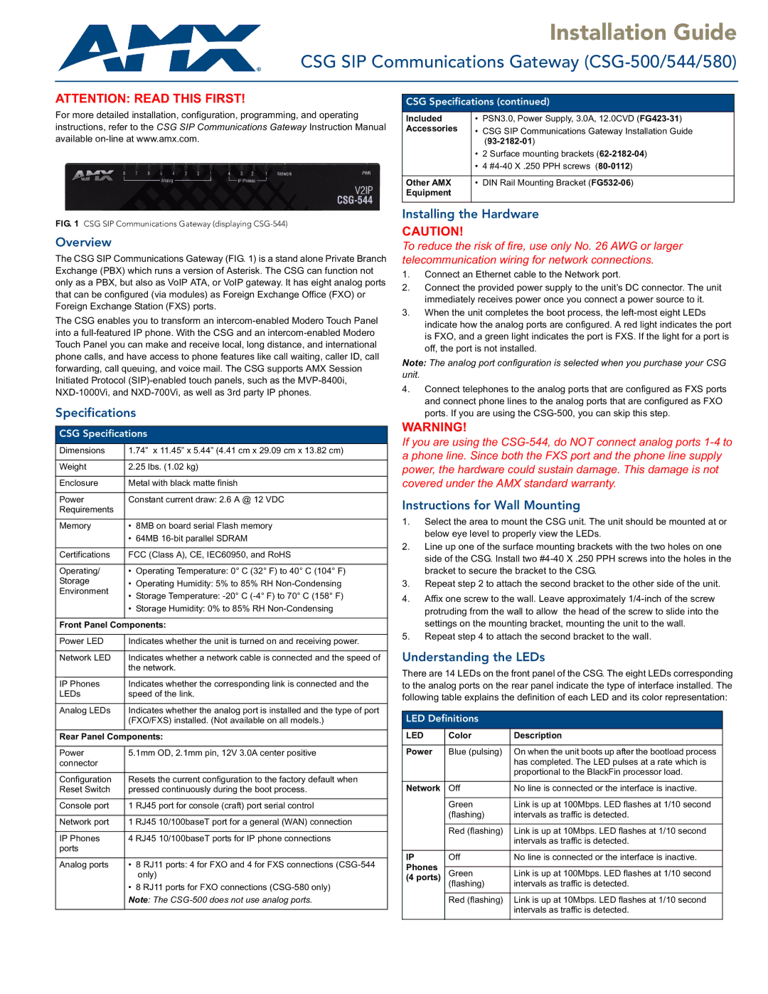 AMX 544/580 specifications Overview, Installing the Hardware, Specifications, Instructions for Wall Mounting 