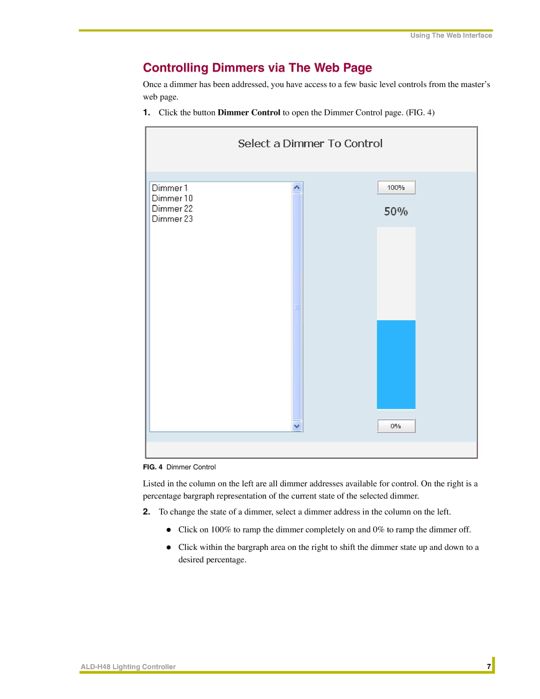 AMX ALD-H48 instruction manual Controlling Dimmers via The Web, Dimmer Control 