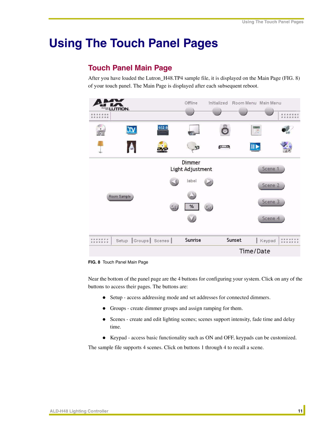 AMX ALD-H48 instruction manual Using The Touch Panel Pages, Touch Panel Main 