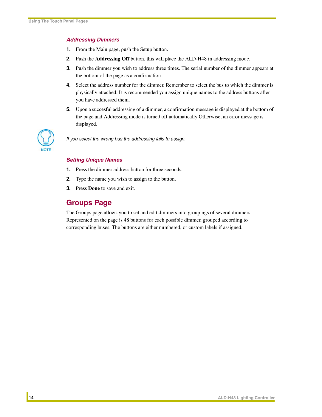 AMX ALD-H48 instruction manual Groups, Addressing Dimmers 