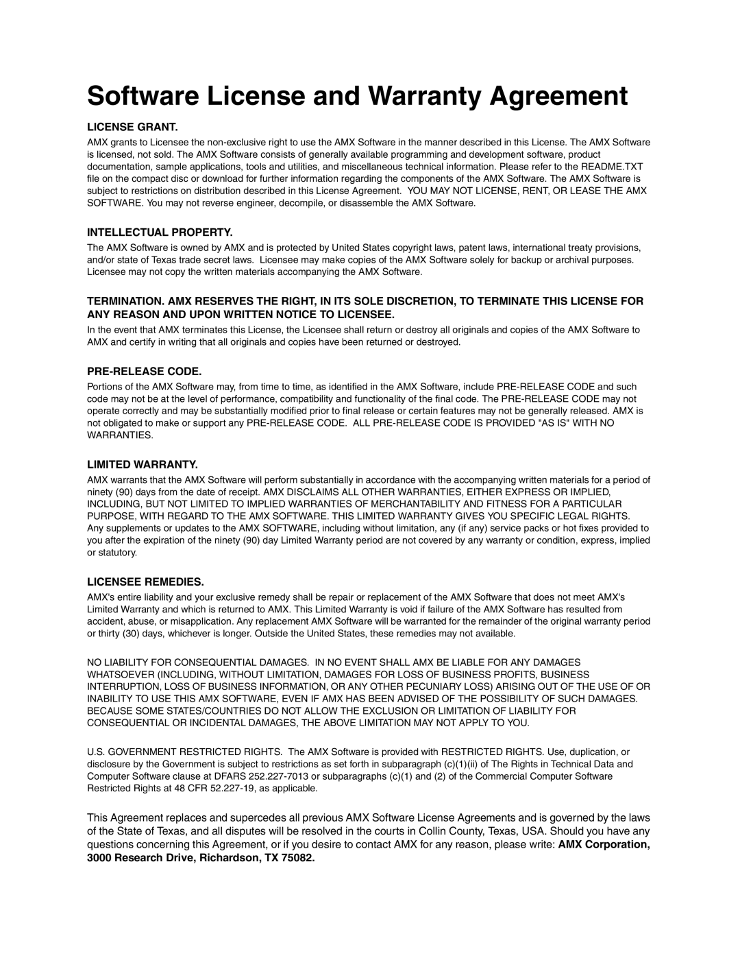 AMX ALD-H48 instruction manual Software License and Warranty Agreement 