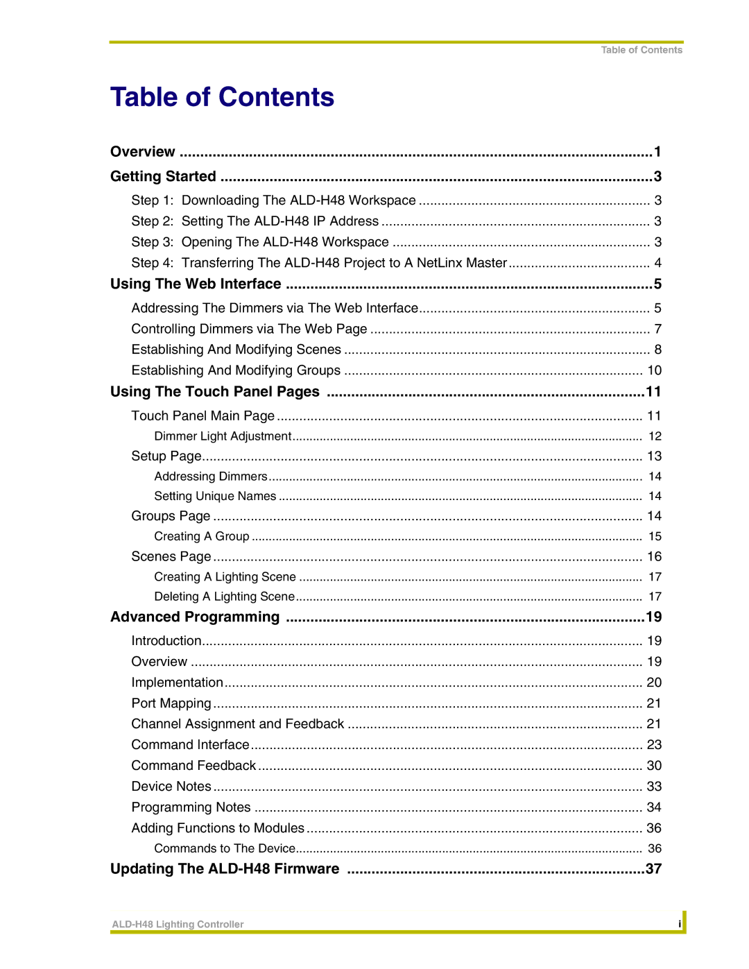 AMX ALD-H48 instruction manual Table of Contents 