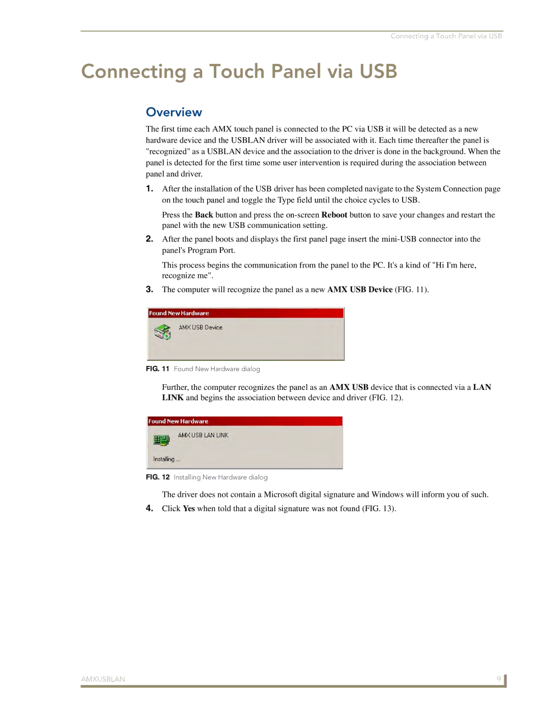 AMX AMXUSBLAN manual Connecting a Touch Panel via USB, Found New Hardware dialog 