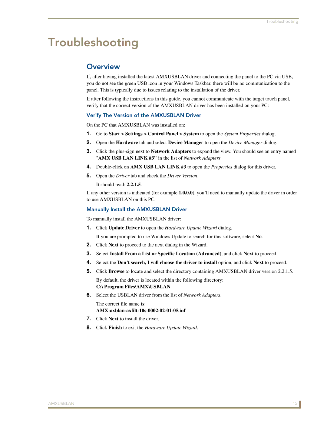 AMX AMXUSBLAN manual Troubleshooting, Manually Install the Amxusblan Driver 