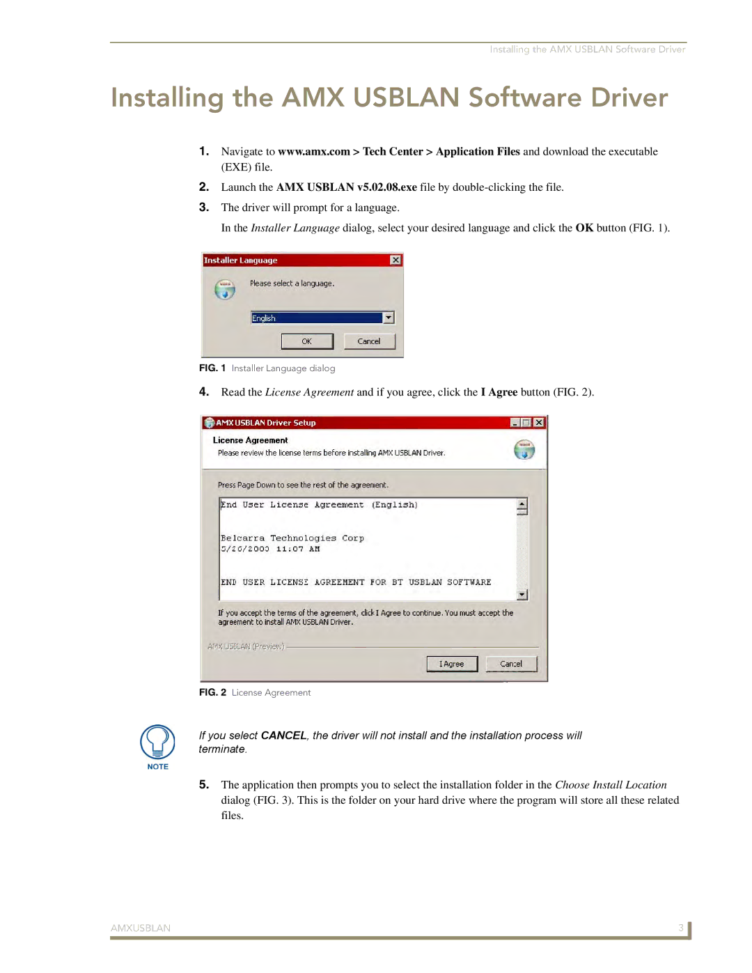 AMX AMXUSBLAN manual Installing the AMX Usblan Software Driver, Installer Language dialog 