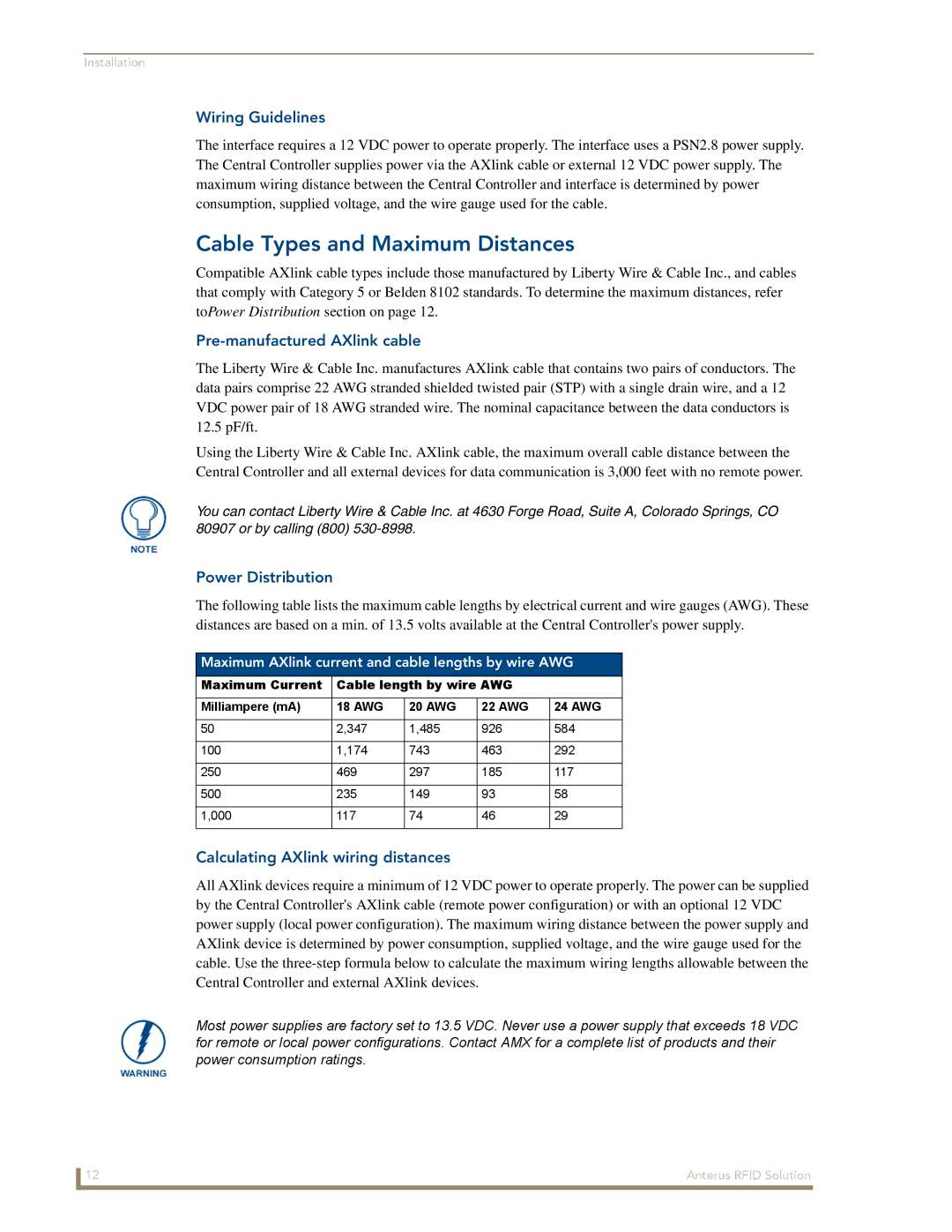 AMX Anterus manual Cable Types and Maximum Distances, Wiring Guidelines, Pre-manufactured AXlink cable, Power Distribution 