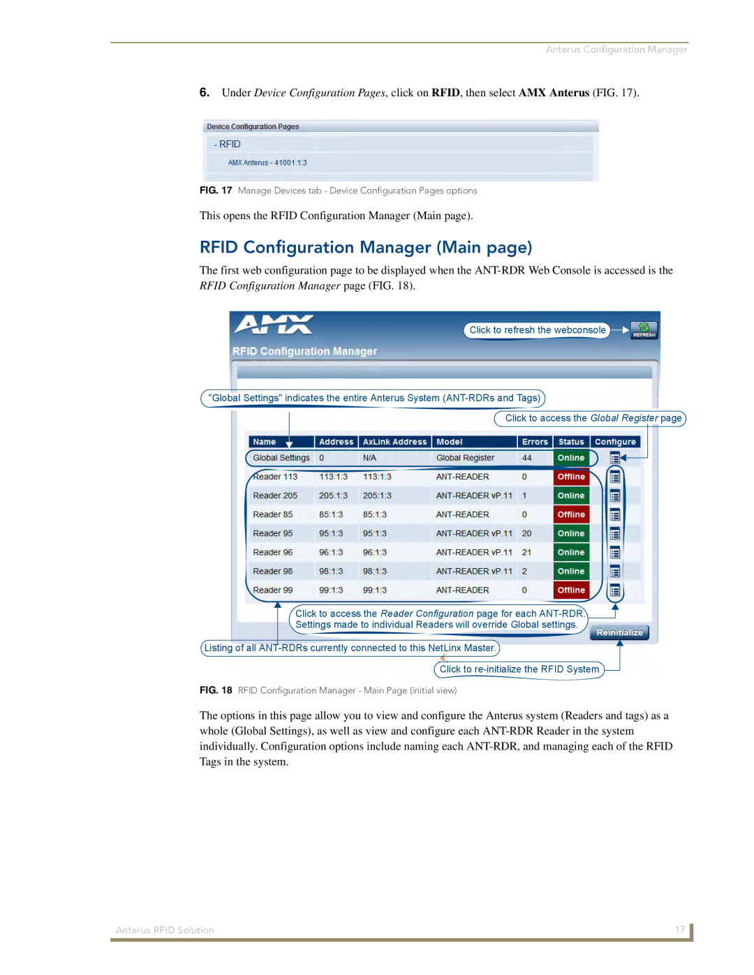 AMX Anterus manual Rfid Configuration Manager Main, Rfid Configuration Manager page FIG 