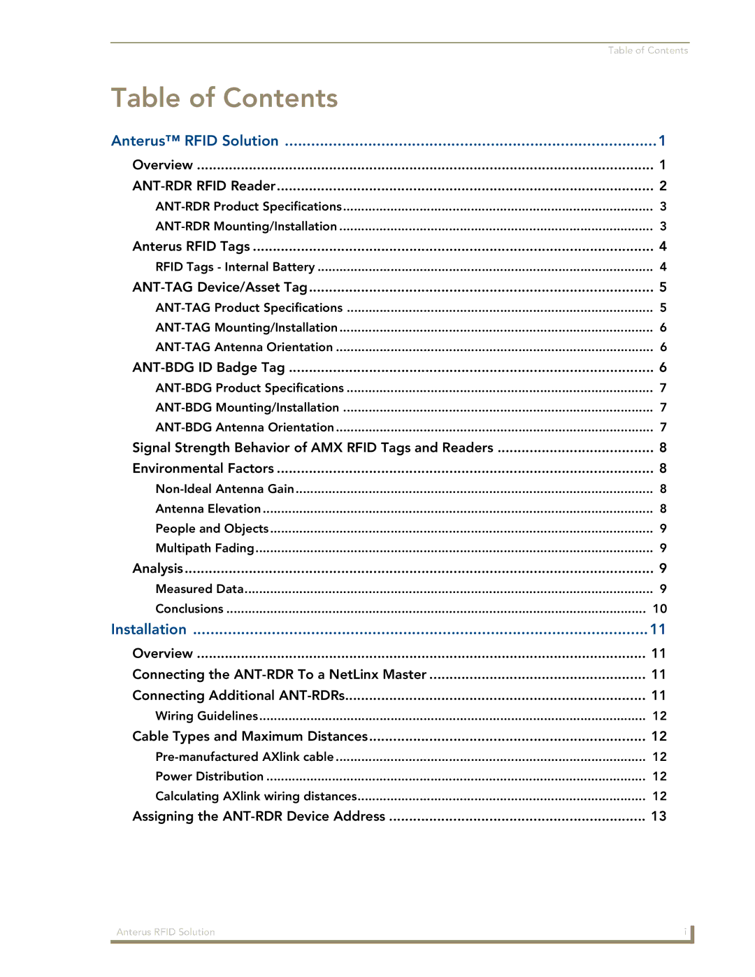 AMX Anterus manual Table of Contents 