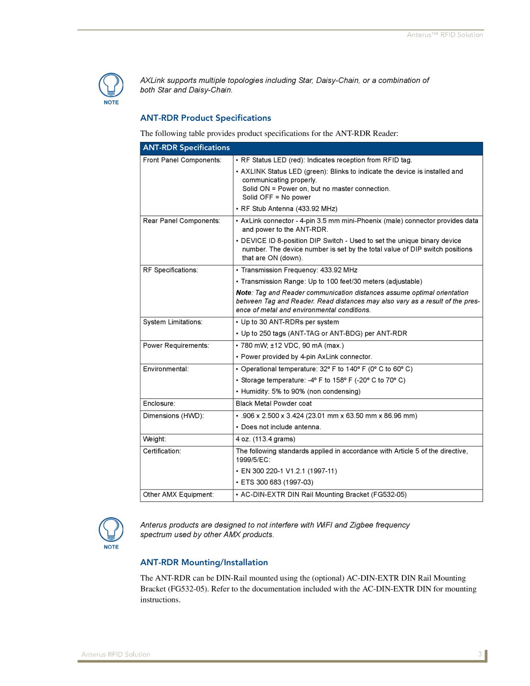 AMX Anterus manual ANT-RDR Product Specifications, ANT-RDR Mounting/Installation, ANT-RDR Specifications 