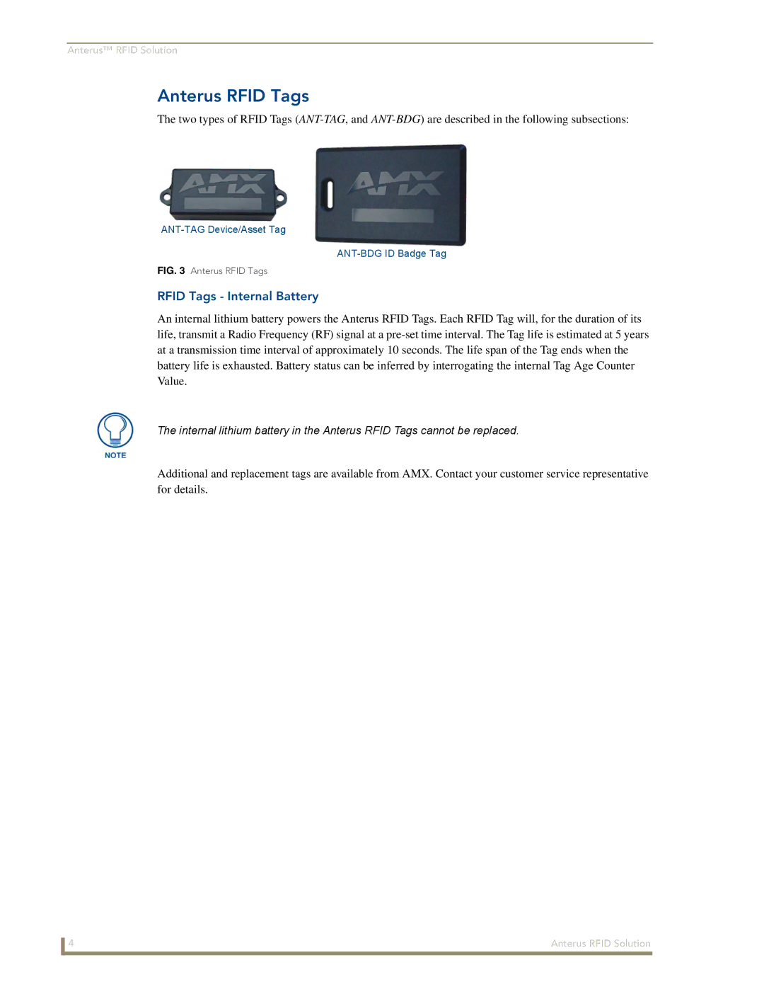 AMX manual Anterus Rfid Tags, Rfid Tags Internal Battery 