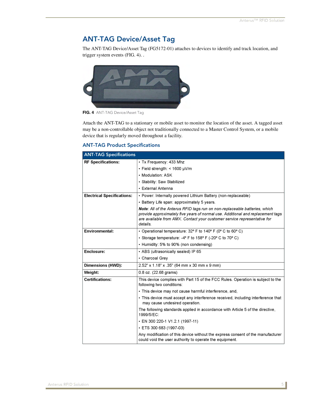 AMX Anterus manual ANT-TAG Device/Asset Tag, ANT-TAG Product Specifications, ANT-TAG Specifications 