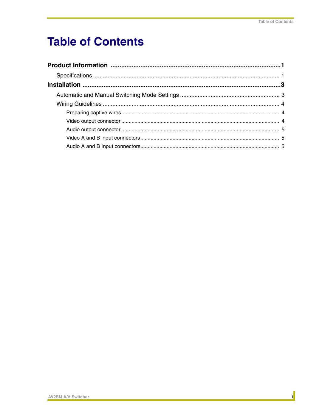 AMX AV2SM instruction manual Table of Contents 