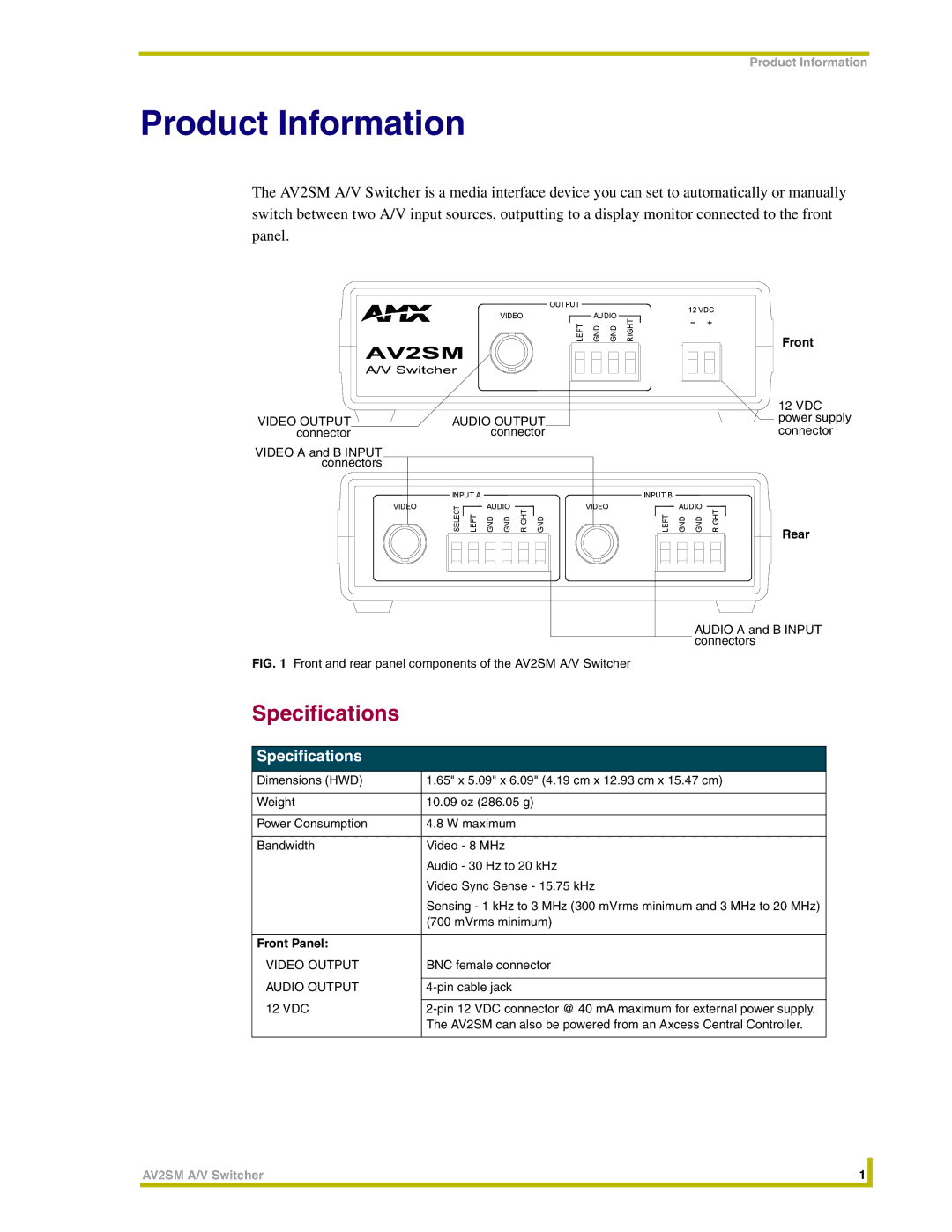 AMX AV2SM instruction manual Product Information, Specifications 