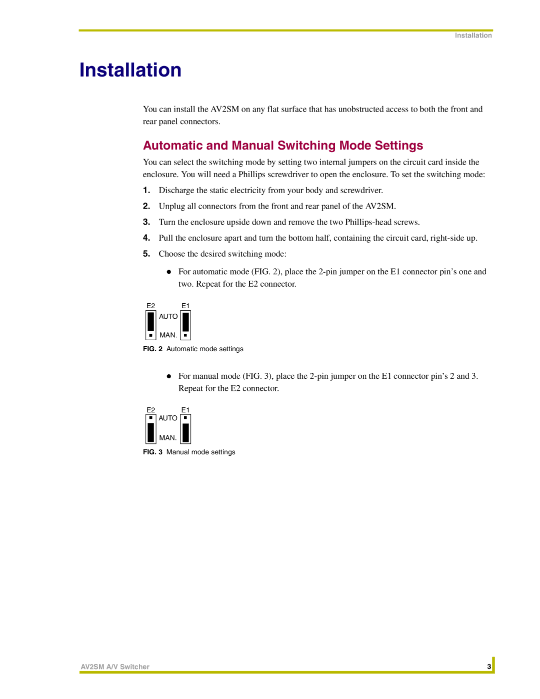 AMX AV2SM instruction manual Installation, Automatic and Manual Switching Mode Settings 