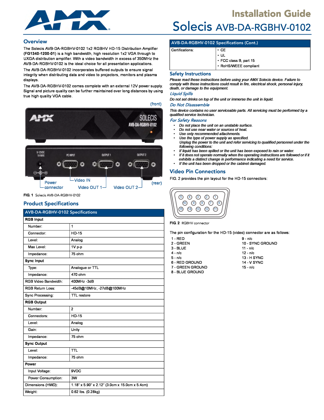 AMX specifications Installation Guide, Solecis AVB-DA-RGBHV-0102, Overview, Product Specifications, Safety Instructions 