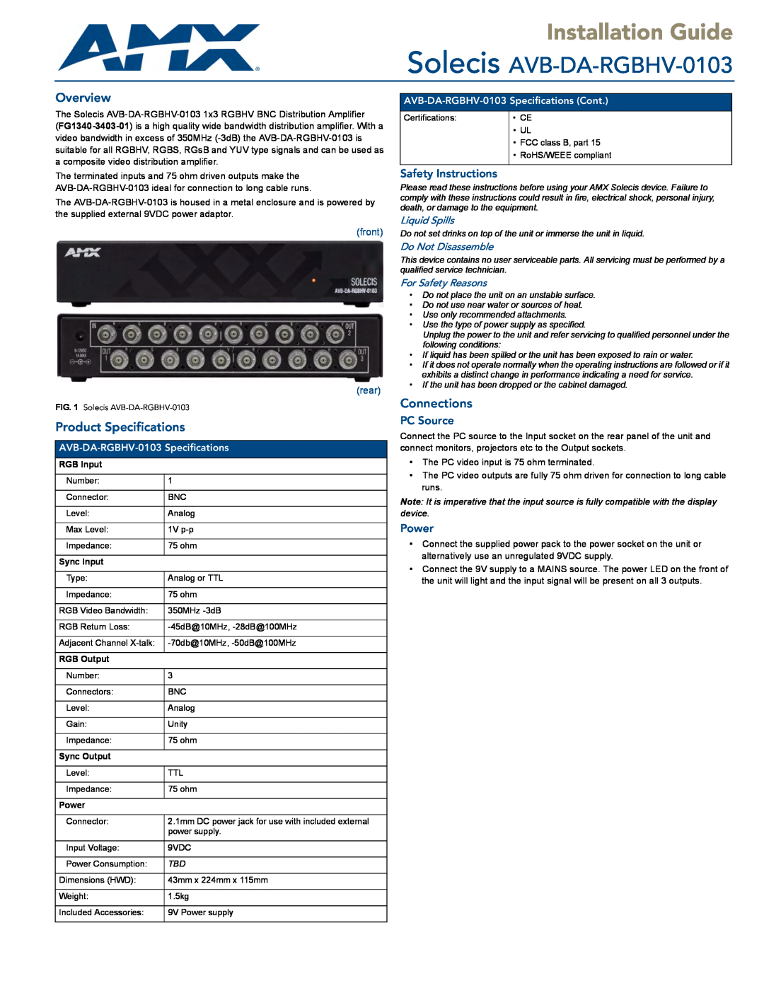 AMX specifications Installation Guide, Solecis AVB-DA-RGBHV-0103, Overview, Product Specifications, Connections, Power 