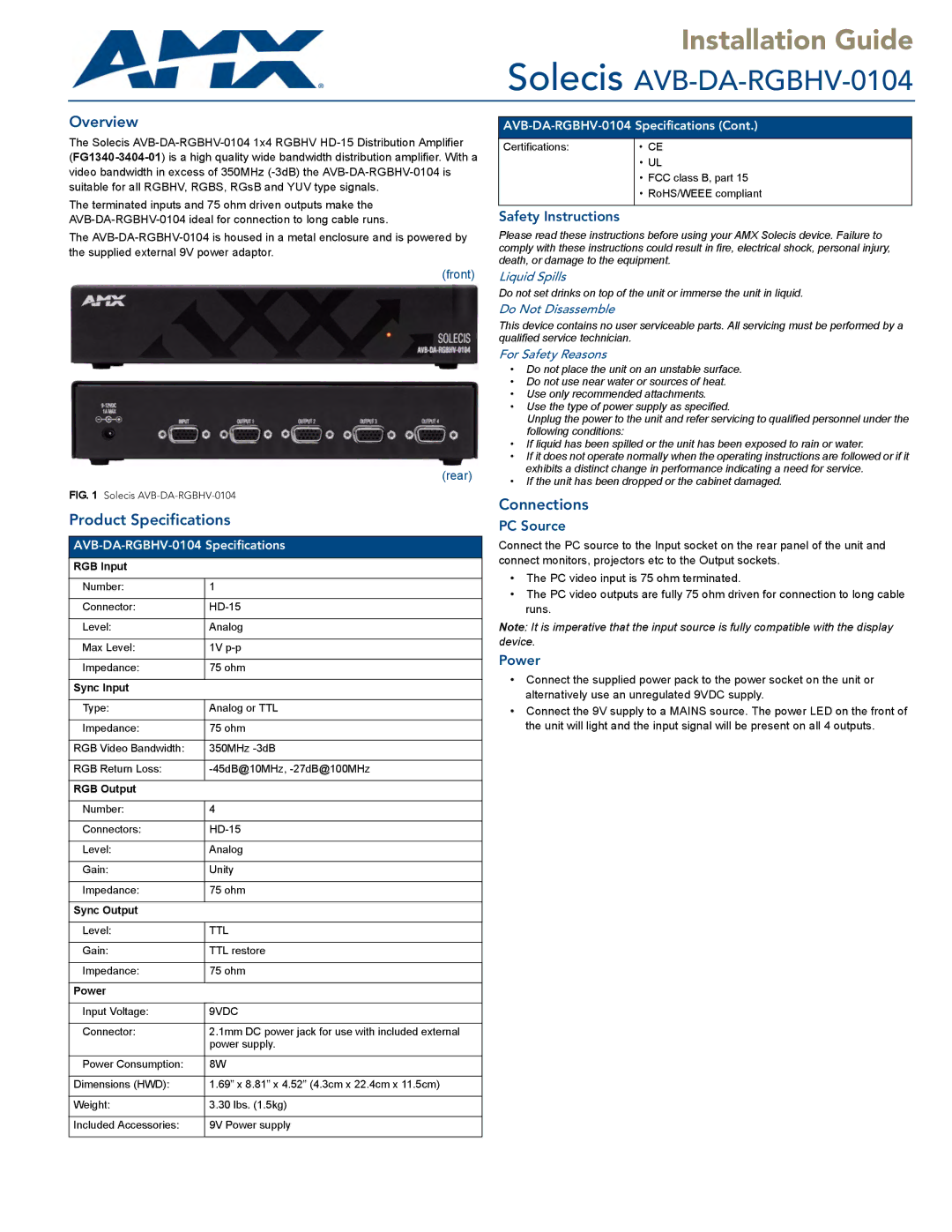 AMX AVB-DA-RGBHV-0104 specifications Overview, Product Specifications, Connections 